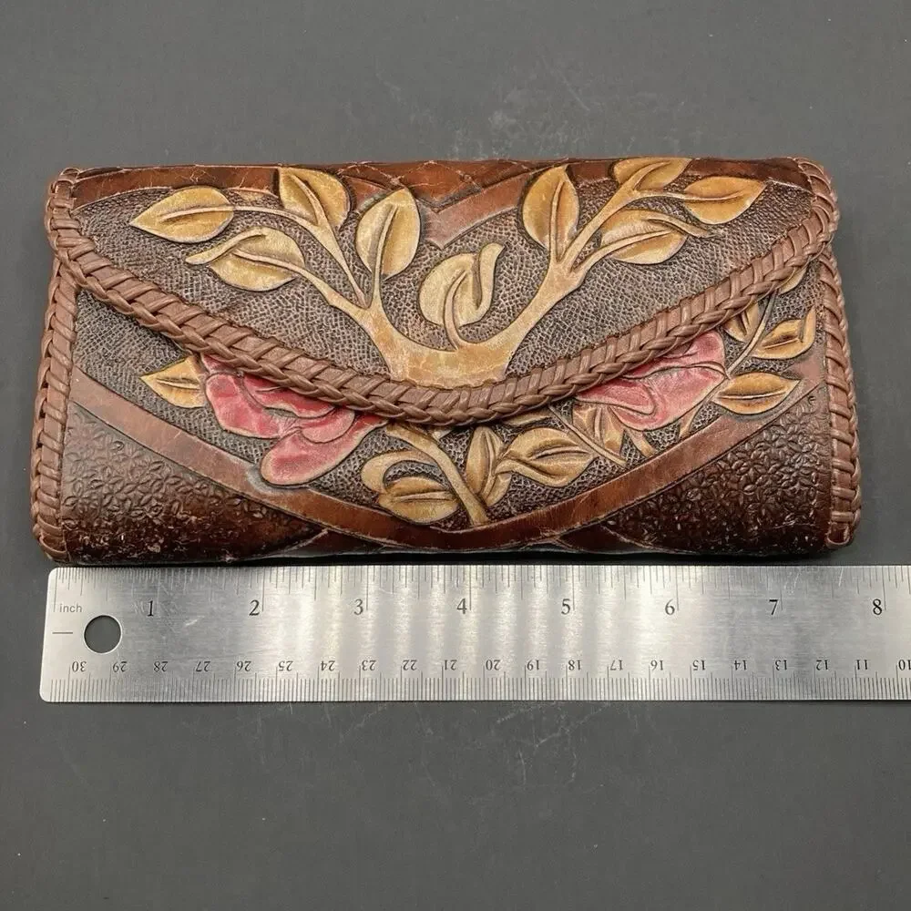 Vintage Hand Made Carved Leather Red Brown Tree Flower Floral Wallet Card Holder